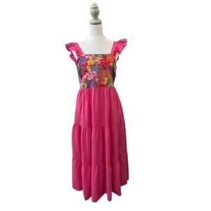 J Marie Embroidered‎ Floral Midi Dress Pink Ruffle Tiered Women's Small Resort